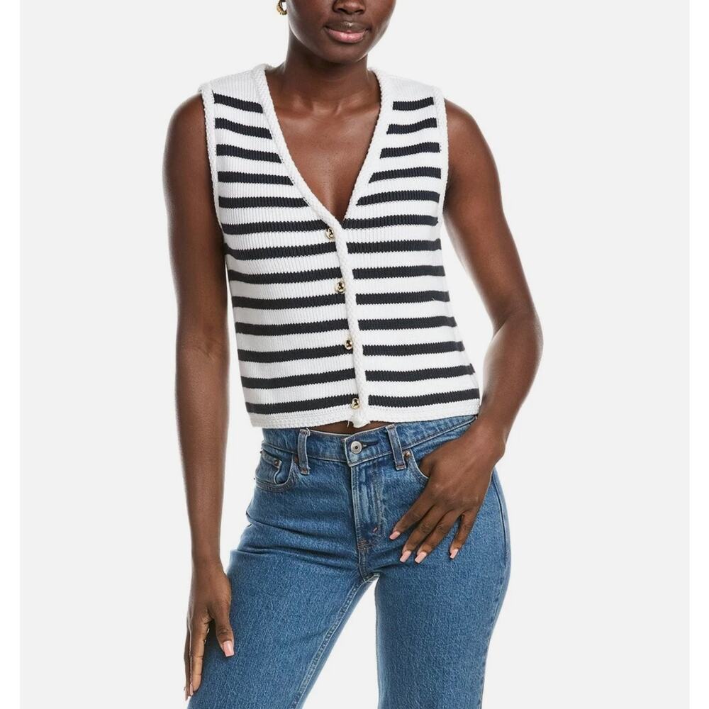 French Connection Women S Black White Stripe V Neck Sleeveless Knit Cardigan NWT